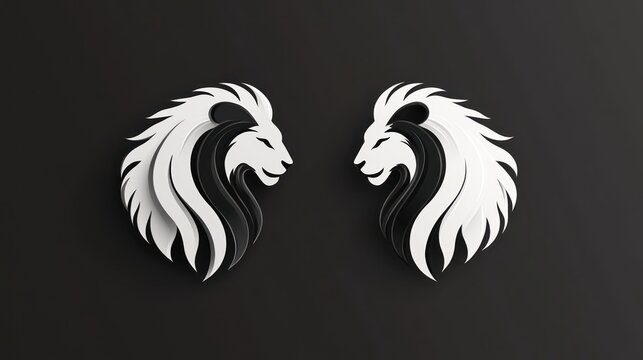 Two lion head symbols facing each other on a dark background for logo, graphic design use