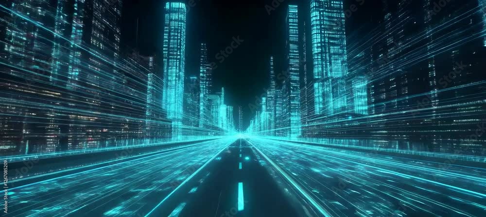 Poster Virtual digital highway technology with city building hologram. Cyberspace metaverse world. Generative video AI technology.	
