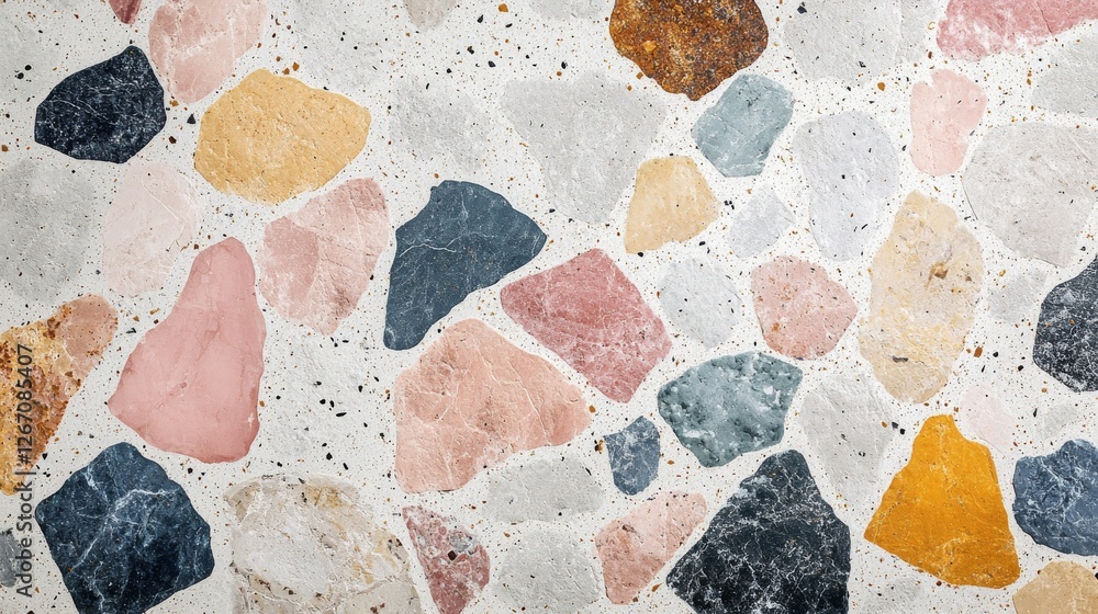 Poster terrazzo floor with embedded irregular multicolored stone pieces
