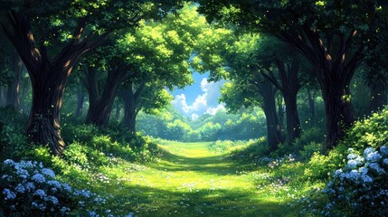 Lush green forest pathway illuminated by sunlight, surrounded by vibrant foliage and flowers