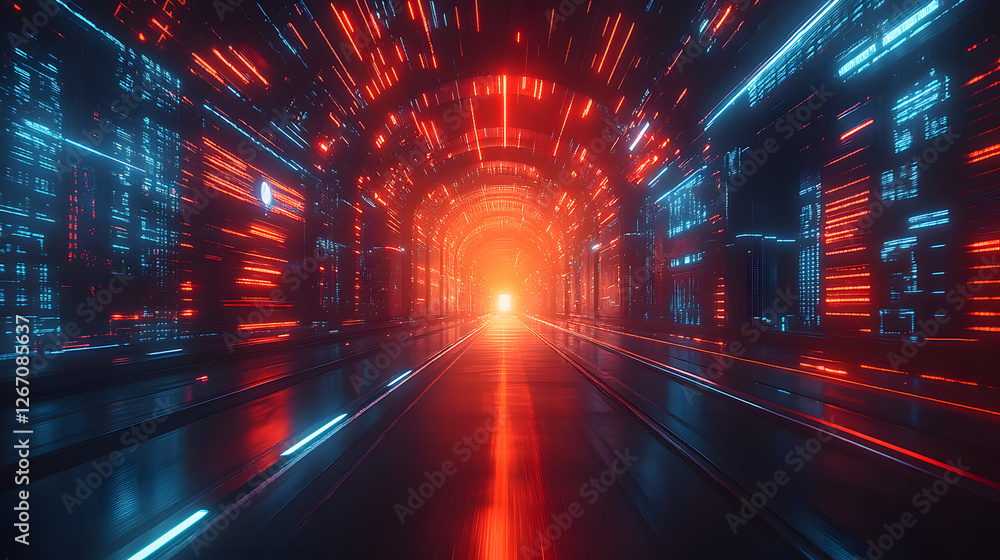 Poster tunnel of technology: a mesmerizing digital tunnel pulsates with the vibrant hues of red and blue, c