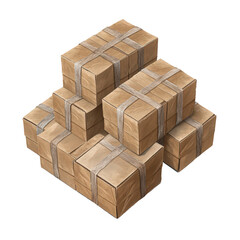 A stack of cardboard boxes secured with twine.