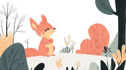 Fototapeta premium Cute squirrel stands in colorful forest scenery. Could be used in children's book illustration