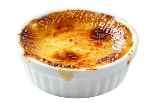 Silky creme brulee dessert with a rich, creamy center and perfectly torched sugar layer isolated on transparent background