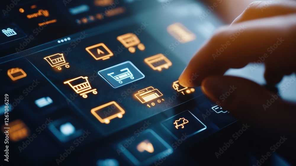 Poster person interacting with touch screen displaying e-commerce concept and digital buttons on a modern i