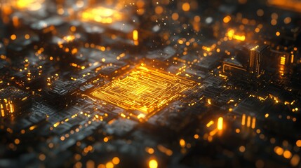 Intricate Close Up of a Circuit Board Featuring a Radiant Yellow Light Illuminating the Detailed Components and Pathways of Technology in a Futuristic and Modern Electronic Setting