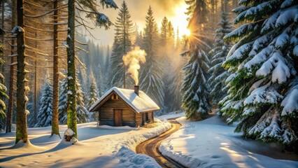 Serene Winter Sunrise Cozy Cabin Nestled in Snow-Covered Forest with Winding Road