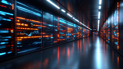 Digital Data Fortress: A futuristic, photorealistic server room, bathed in the glow of blue and orange data streams, symbolizing the heart of modern technological infrastructure.