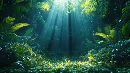 Obraz premium Lush tropical rainforest with sunlight filtering through dense foliage, showcasing vibrant greenery and tranquility