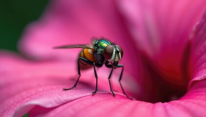 Fototapeta premium Delicate fly body on Geranium palustre petals, macro, fauna, nature