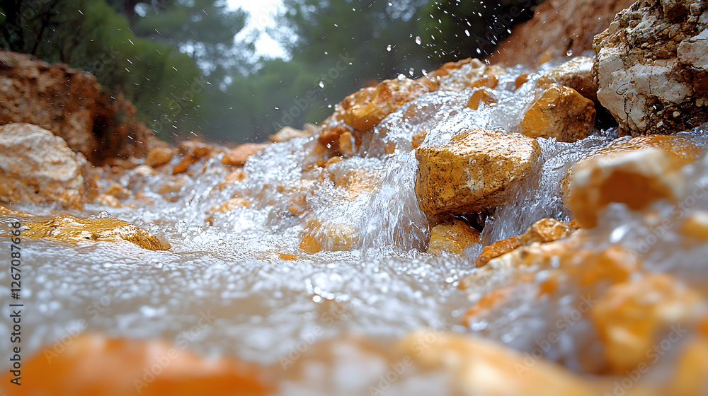 Poster a stream's serenade: a close-up view of a stream cascading over weathered rocks, with droplets suspe