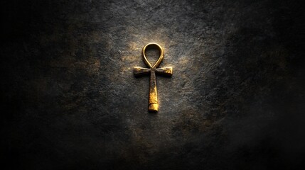 Golden ankh symbol against dark textured background. Dramatic lighting enhances the detail of the ancient Egyptian hieroglyphic character.