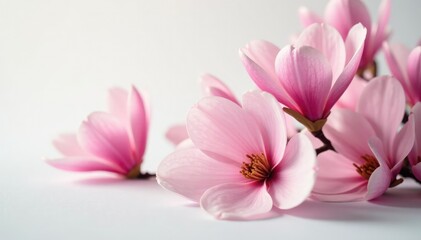 Delicate pink magnolia flowers isolated on white background with soft focus effect, bloom, nature