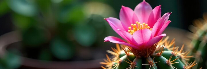 Fototapeta premium Delicate pink petals unfolding around a small green cactus flower, Pink Cactus Flower, Flowering Cacti