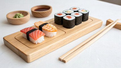 Fresh Sushi Selection on a Wooden Platter with Wasabi and Soy Sauce Dip