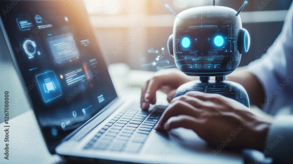 Poster close-up of a man's hands on a laptop keyboard, screen showing a conversation with an ai chatbot abo