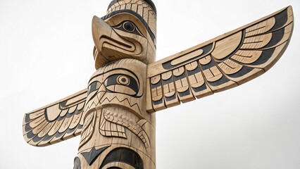 Ornately Carved Wooden Totem Pole with Bird and Animal Motifs Against White Background