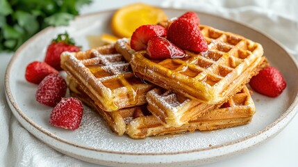 Close-up shot of crispy waffles topped with a generous pour of honey, set against a clean white backdrop, emphasizing their appetizing appearance