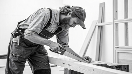 Craftsman Using Hand Saw to Shape Wood in Workshop Environment with Focused Expression