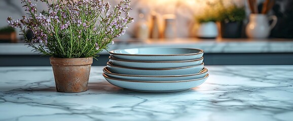 Stacked plates, heather pot, marble kitchen.  Lifestyle shot