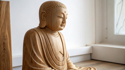 Serene Wooden Buddha Statue in Natural Light for Tranquility and Mindfulness Spaces
