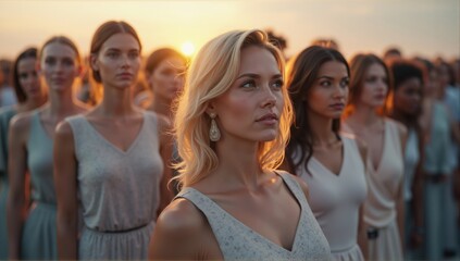Obraz premium Blonde Woman and Group of Women in Dresses at Sunset