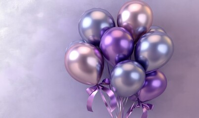 A vibrant cluster of shiny balloons in shades of purple and silver against a soft pastel background