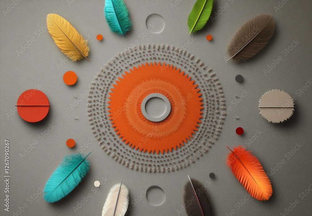 Aufkleber abstract arrangement of colorful feathers and geometric shapes on gray background for creative desig