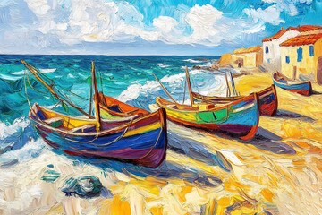 Colorful Impressionistic Painting of Fishing Boats on a Sunny Beach