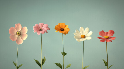 Obraz premium Five colorful flowers with long stems against soft blue background create whimsical and charming display. flowers are arranged in row, showcasing their delicate petals and vibrant hues