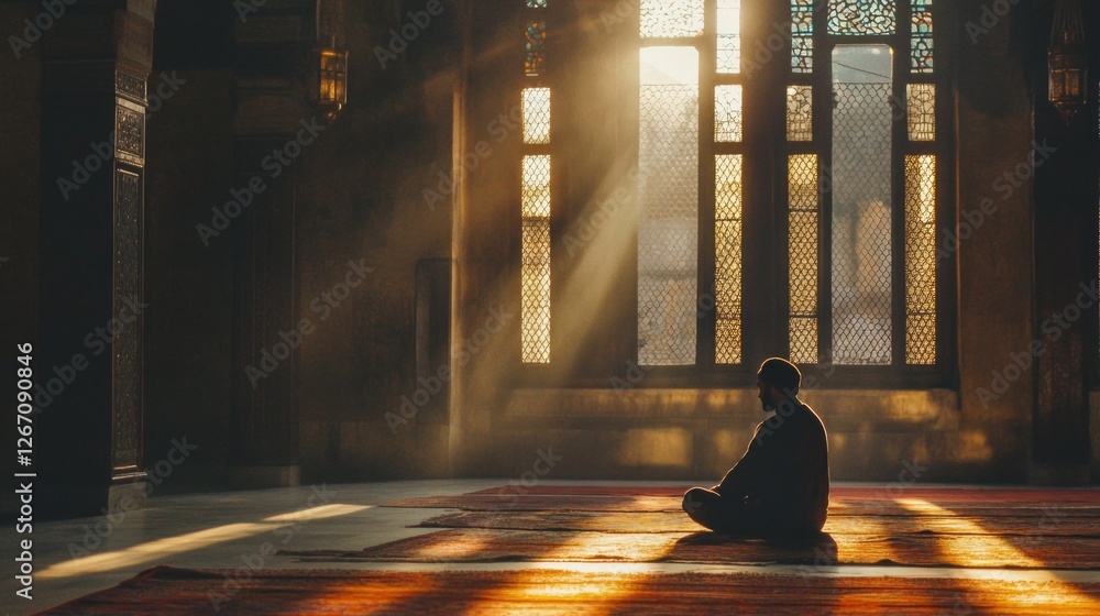 Poster in a tranquil mosque setting, a muslim man sits in deep prayer, surrounded by ornate architecture. s