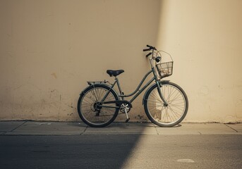 Obraz premium Urban Bicycle Leaning Against Sunlit Wall on Quiet Street â€“ Perfect for Travel and Lifestyle Design Uses