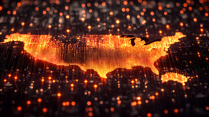 Fototapeta premium Digital Pulse of a Nation: A mesmerizing, glowing map of a country, vividly illustrating the country's technological infrastructure and digital footprint with a high-tech, energetic feel.