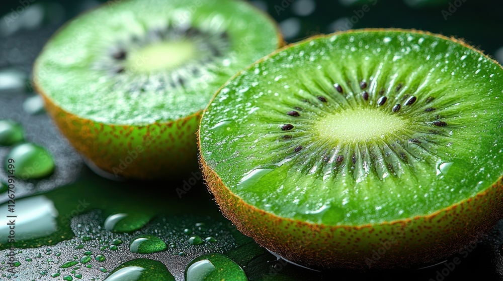 Poster green kiwi slice with drop golden isolated on transparent background