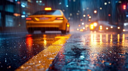 Bright Yellow Taxi in Rainy City Streets at Night Captured with Vibrant Lights and Reflections