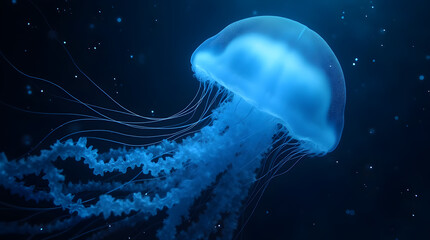 Naklejka premium Glowing Blue Jellyfish in Deep Ocean Water - Underwater Marine Life Photography - Bioluminescent Sea Creature Stock Image