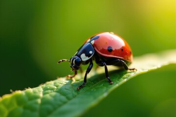 Naklejka premium Morning light reflects off the ladybug's shell, leaf, tiny creature