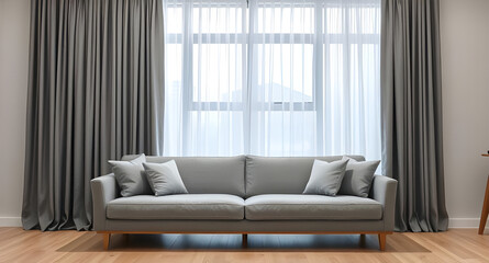 Fototapeta premium A gray sofa with pillows sits in front of a large window with gray curtains and white sheer curtains in a minimalist living room.
