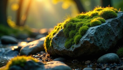 Moss-covered rock absorbs warm sunlight, radiating gentle glow, rocky terrain, atmospheric