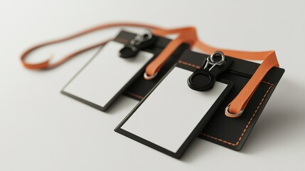 Realistic rendering of ID card holders with lanyards, presented in vertical and horizontal formats against a clean white backdrop