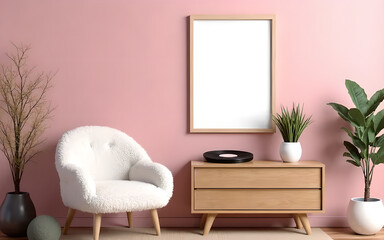 Modern living room interior composition with fluffy armchair, wooden commode, mock up poster frame, vinyl recorder and modern home accessories. Pink wall. Template.