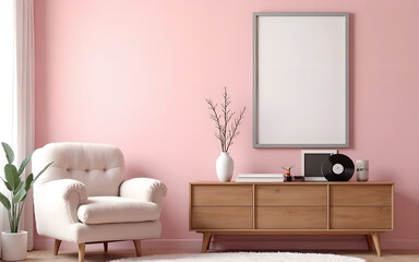Modern living room interior composition with fluffy armchair, wooden commode, mock up poster frame, vinyl recorder and modern home accessories. Pink wall. Template.
