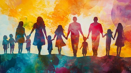 Silhouettes of a Family Holding Hands Against a Colorful Background