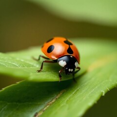 Naklejka premium Commercial-quality high-resolution stock photo a ladybug, meticulously detailed, rests on a leaf, showcasing realistic texture and vibrant colors