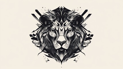 Majestic lion head, geometric art, cream background, tattoo design