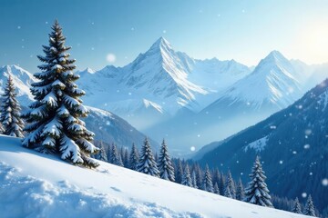 Panoramic shot of a snowy mountain range with towering fir trees and falling snowflakes, winter, tree