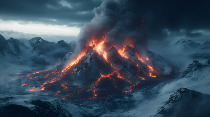 Epic Eruption: An awe-inspiring, dramatic shot capturing a fiery volcano erupting, showcasing nature's raw power amid a snowy mountain landscape. 