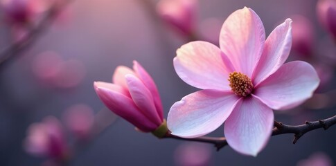 Pastel shades of violet and rose on magnolia flowers with subtle texture, violet, blossoms, texture