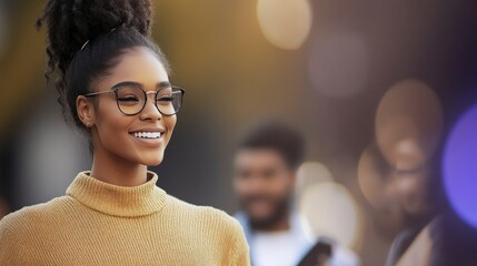 Obraz premium Young woman in stylish glasses and cozy sweater smiling outdoors during sunny day with blurred background