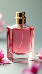 Perfume in a glass bottle with golden stopper, scented, floral